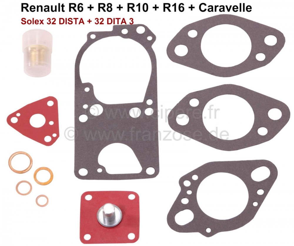 Renault - Carburateurreparatieset Solex 32 DISTA + 32 DITA 3, geschikt voor Renault R6, R8, R10, R16