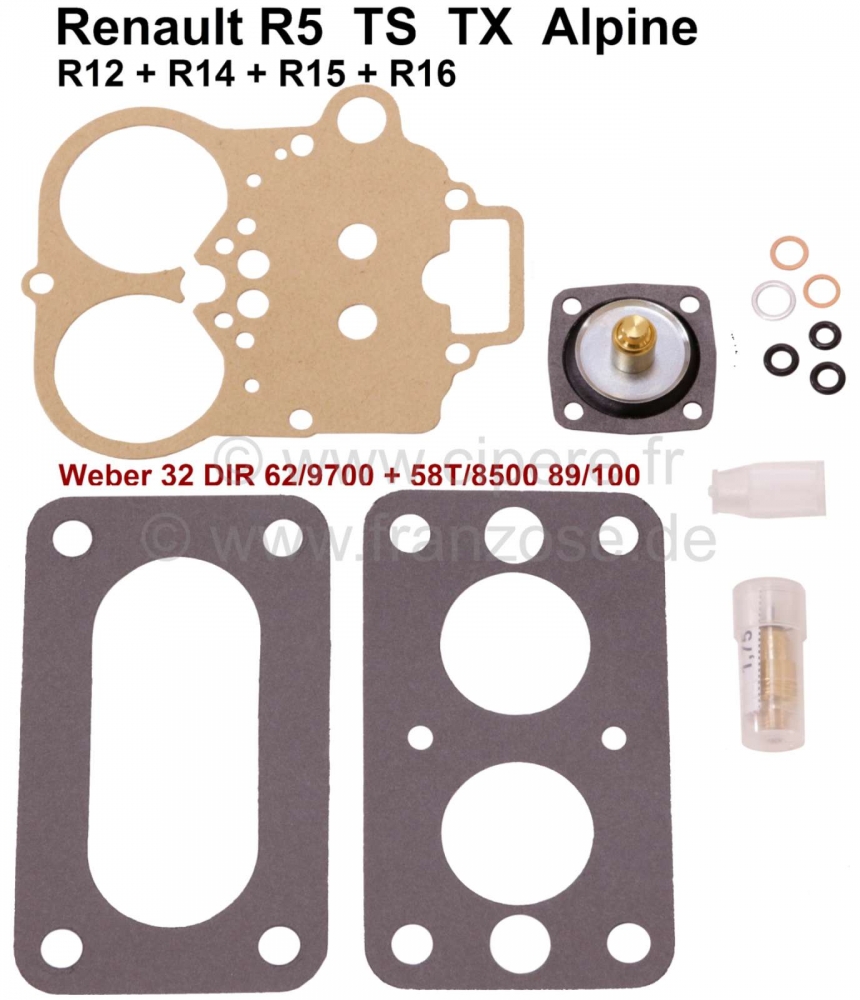 Renault - Carburateurreparatieset Weber 32 DIR 62/9700 + 58T/8500 89/100, geschikt voor Renault R5 T