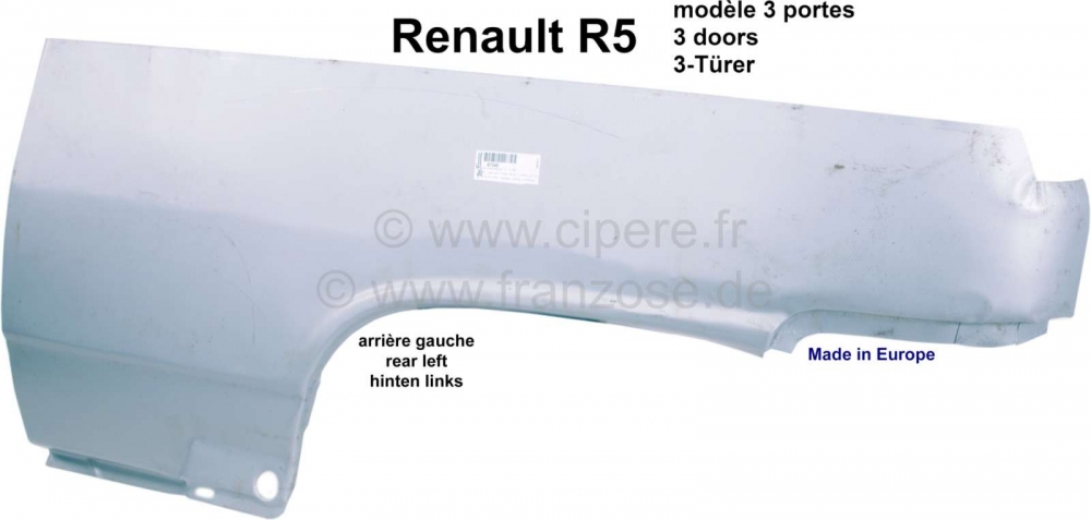 Renault - R5, zijpaneel (spatbord) achter links. Geschikt voor Renault R5 (3-deurs). Lengte: 1220mm.