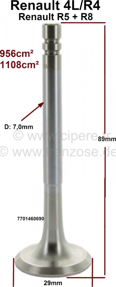 Renault - Uitlaatklep, geschikt voor Renault R4 (1.0 + 1.1L). Renault R5 + R8. Diameter: 29,0mm. Sch