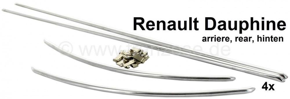 Renault - Dauphine, chroomstrip (aluminium strips) voor de achterspatborden (4 stuks). Incl. sierlij