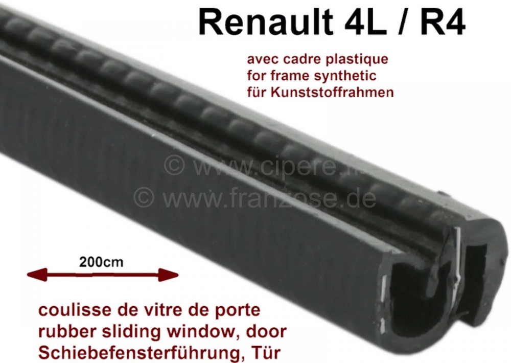 Renault - R4, raamschuifgeleider, geschikt voor Renault R4, met kunststof frame! Lengte: 200cm. Bree
