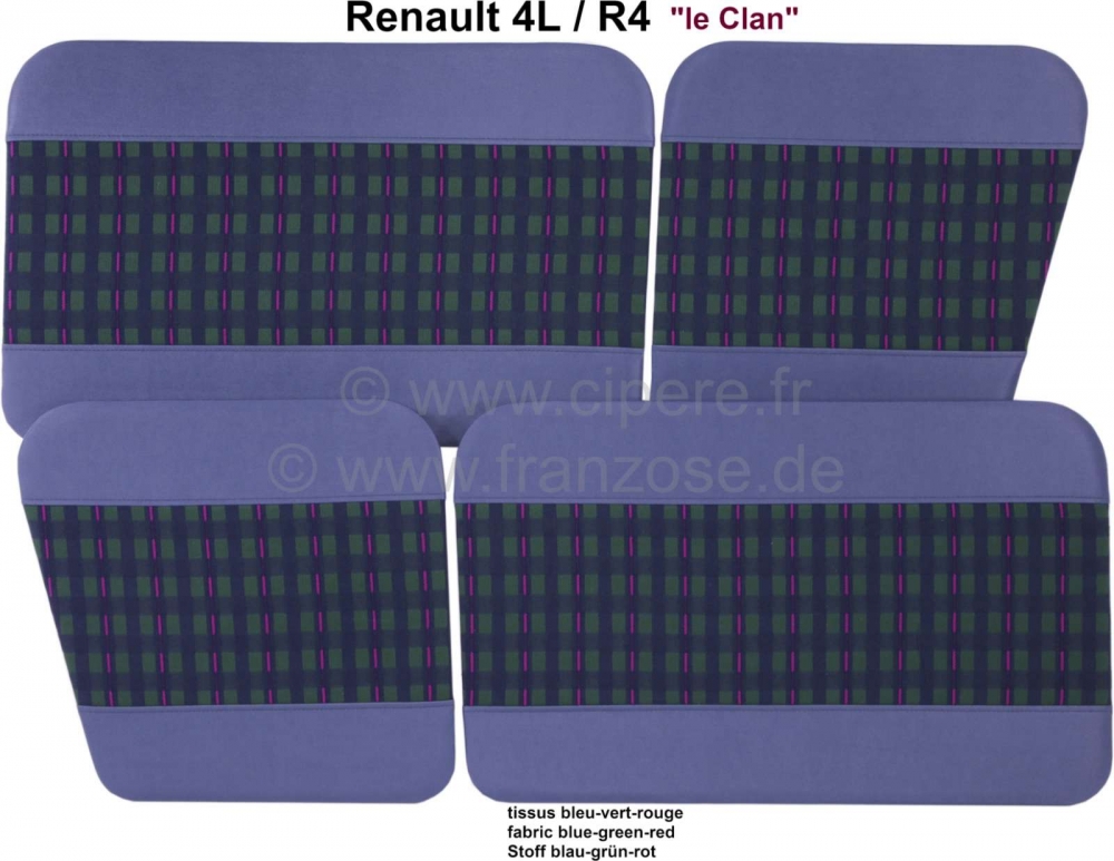 Renault - R4, deurpanelen (4 stuks), gemaakt van kunstleer + stof. Kleur: blauw-groen-rood. Geschikt