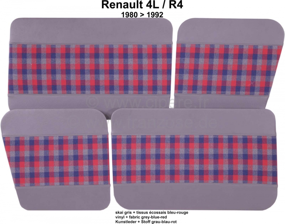 Renault - R4, deurpanelen (4 stuks), gemaakt van kunstleer + stof. Kleur: grijs-blauw-rood. Geschikt