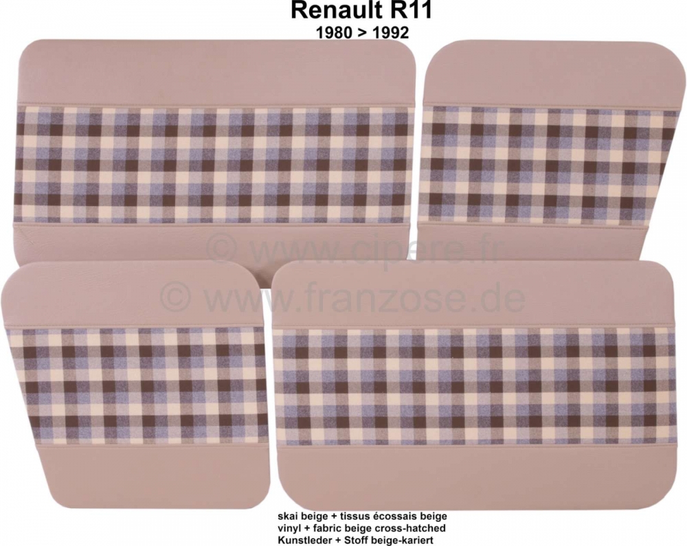 Renault - R4, deurbekleding (4 stuks), gemaakt van kunstleer + stof. Kleur: beige-geruit. Geschikt v