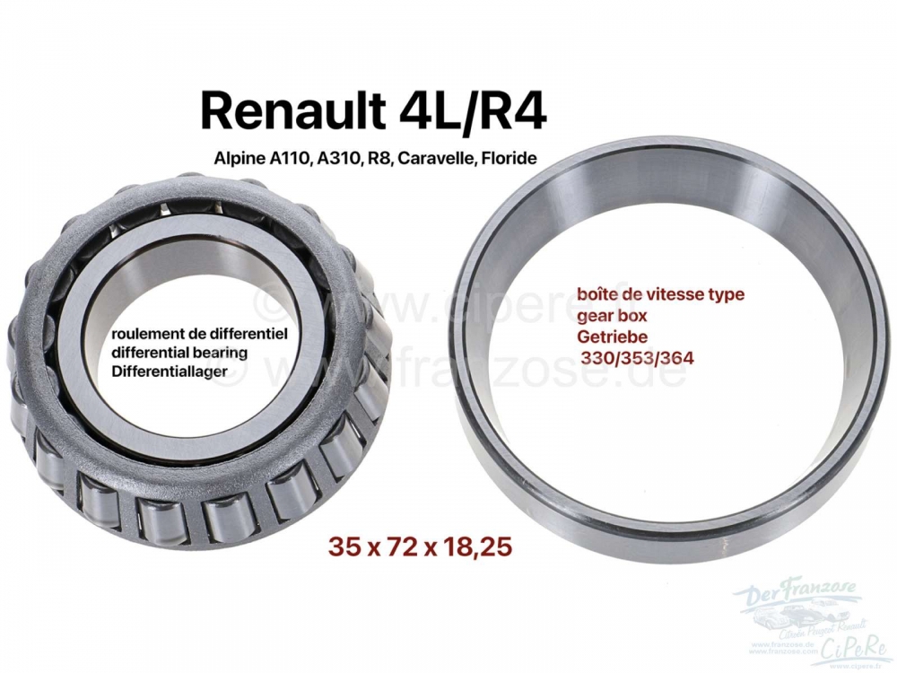 Renault - Differentiaallager. Buitendiameter: 72mm. Inwendige diameter: 35mm. Totale hoogte: 18,5mm.