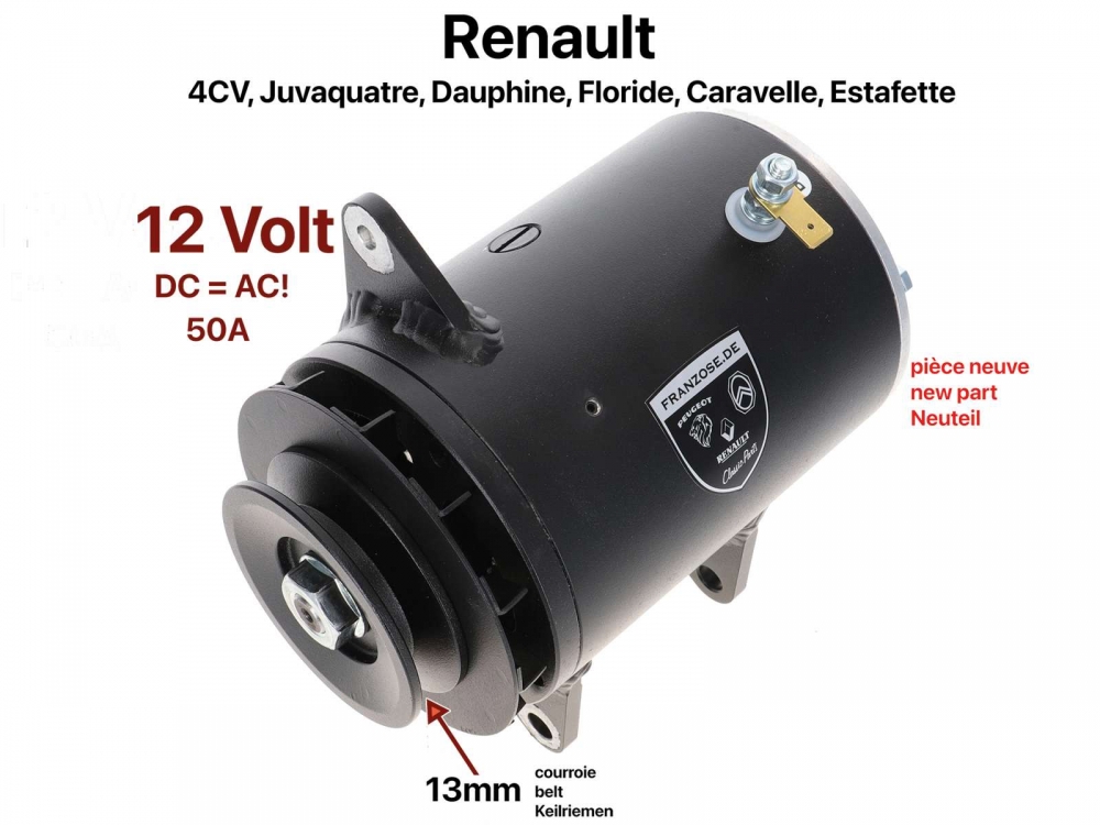Renault - 4CV/Dauphine, Floride.... Gelijkstroom dynamo (13mm V-snaar breedte). Geschikt voor Renaul