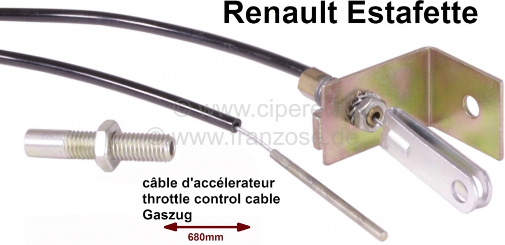 Renault - Estafette, gaskabel. Geschikt voor Renault Etafette R2136 + R2137. Totale lengte: 680mm. K