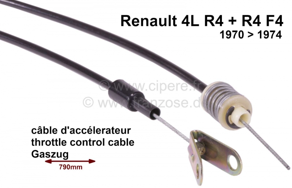 Alle - Gaskabel Renault R4 + R4 F4. Van bouwjaar 1970 tot 1974. 440mm doorvoer. Totale lengte: 79
