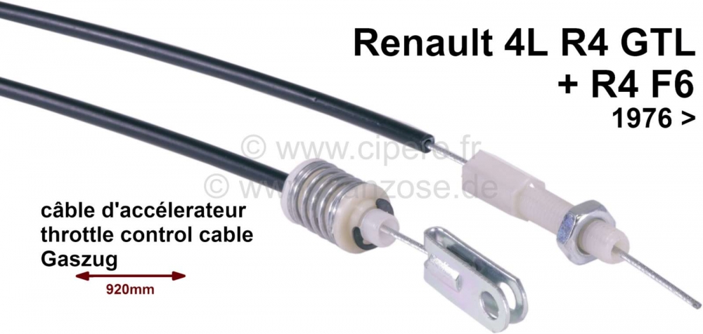 Alle - Gaskabel Renault R4 GTL, R4 F6. Vanaf 1976, doorvoer: 510mm. Totale lengte: 920mm.