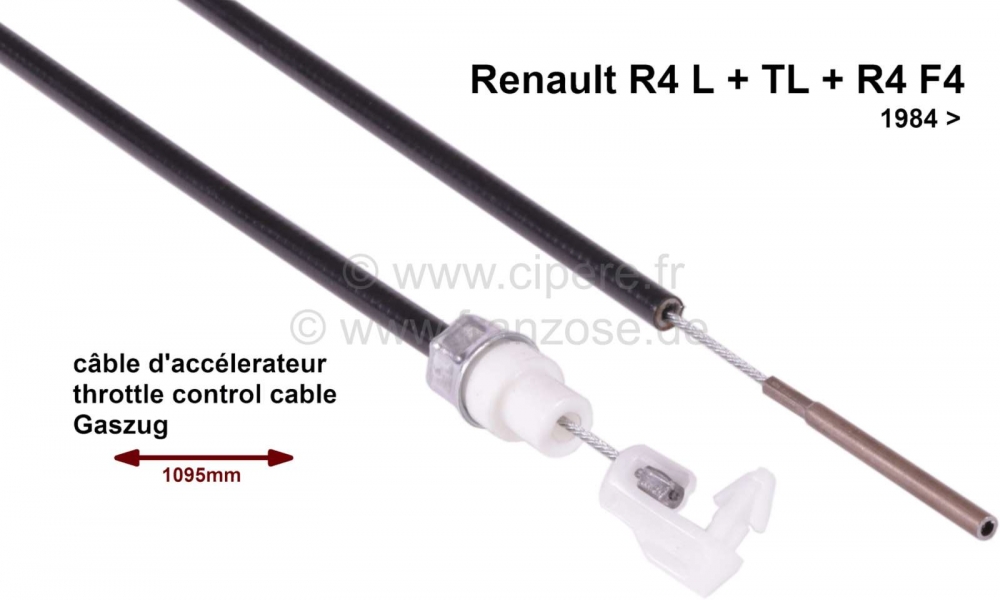 Alle - Gaskabel Renault R4 L, TL, R4 F4. Vanaf modeljaar 1984. 685mm doorvoer. Totale lengte: 109