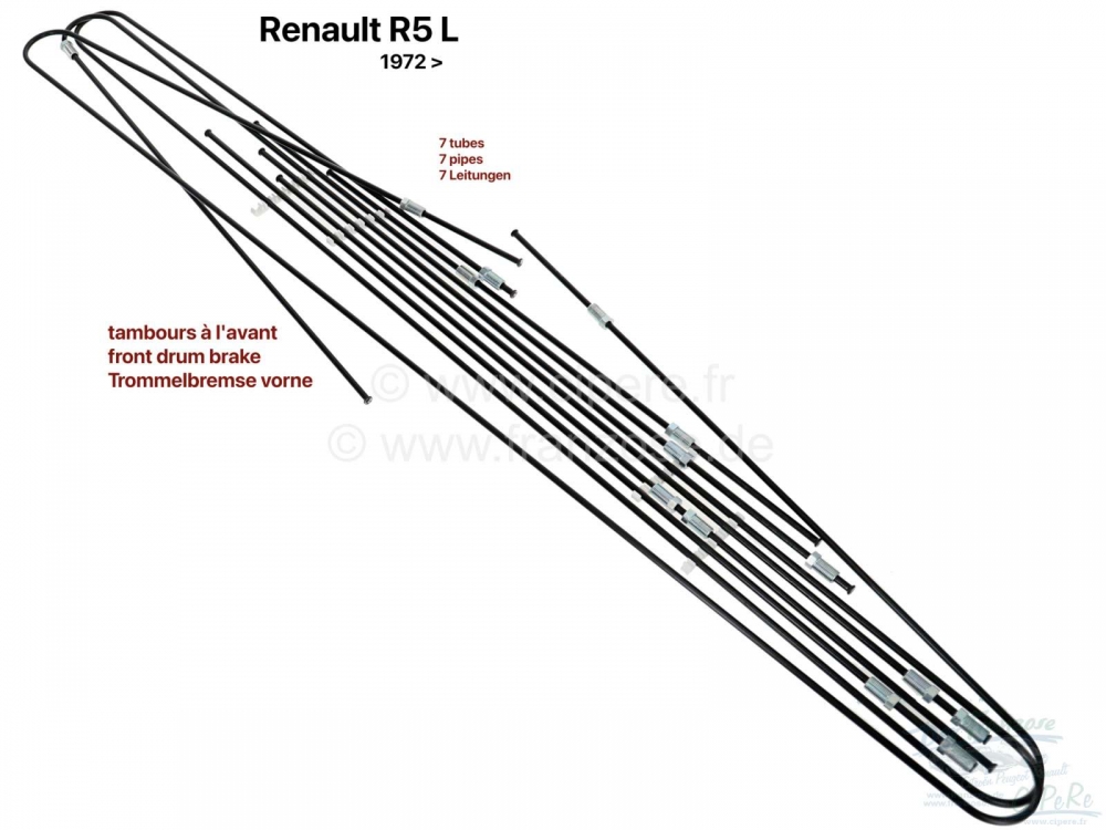 Renault - R5, remleidingset. Geschikt voor Renault R5L, met trommelremmen voor, vanaf modeljaar 1972