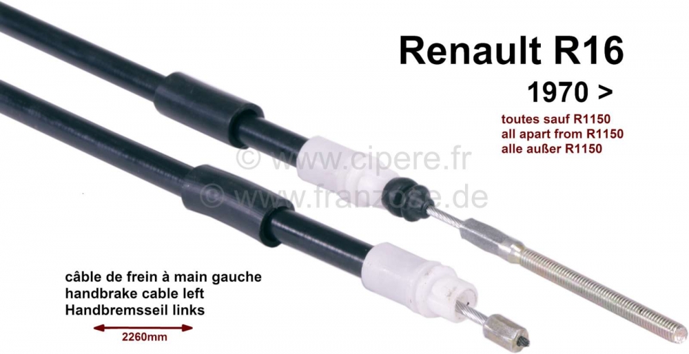 Renault - R16, handremkabel links. Geschikt voor Renault R16 (alle modellen behalve R1150), vanaf mo