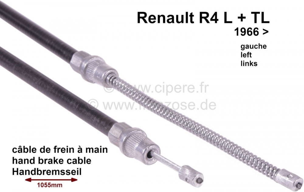 Alle - R4, handremkabel, links. Geschikt voor Renault R4 L-TL, vanaf modeljaar 1966. 820mm doorvo