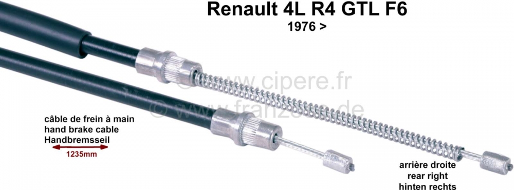 Alle - R4, handremkabel, rechtsachter. Geschikt voor Renault 4 GTL + R4 F6, vanaf modeljaar 1976.