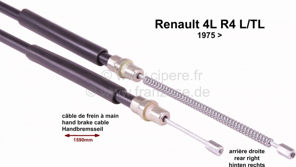Alle - R4, handremkabel, rechtsachter. Geschikt voor Renault R4 L-TL, vanaf modeljaar 1975. 1340m
