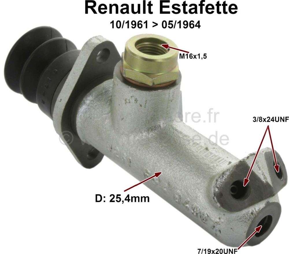 Renault - Estafette, hoofdremcilinder. Zuiger diameter: 25,4mm. Geschikt voor Renault Estafette R213