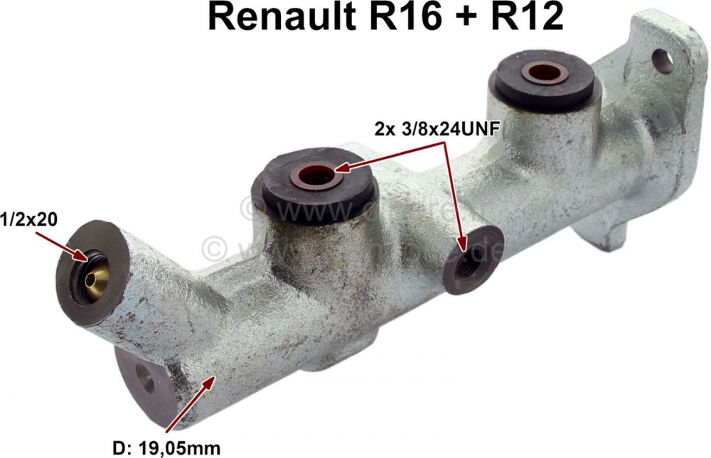 Renault - R16/R12, hoofdremcilinder. Zuiger diameter: 19.05mm. Geschikt voor Renault R12 + R16. Aans
