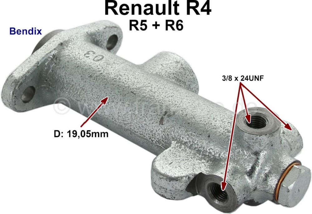Renault - R4/R5/R6, hoofdremcilinder, enkelvoudig remsysteem. Remsysteem: Bendix. Geschikt voor Rena