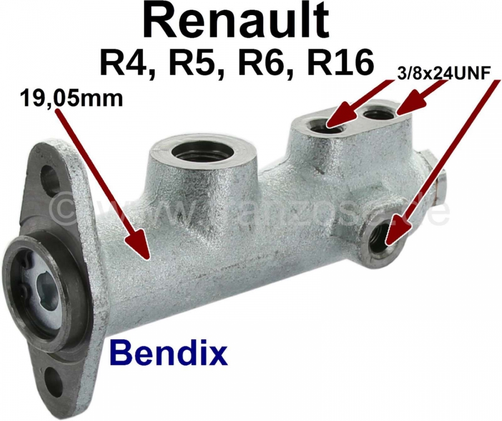 Renault - R4/R5/R6/R16, hoofdremcilinder. Remsysteem: Bendix. Zuiger diameter: 19.05mm. Geschikt voo