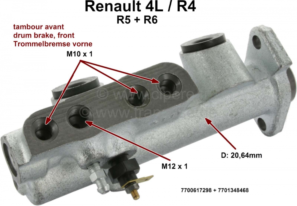 Renault - R4/R5/R6, hoofdremcilinder, remsysteem met twee circuits. Remsysteem: Bendix (trommelrem v