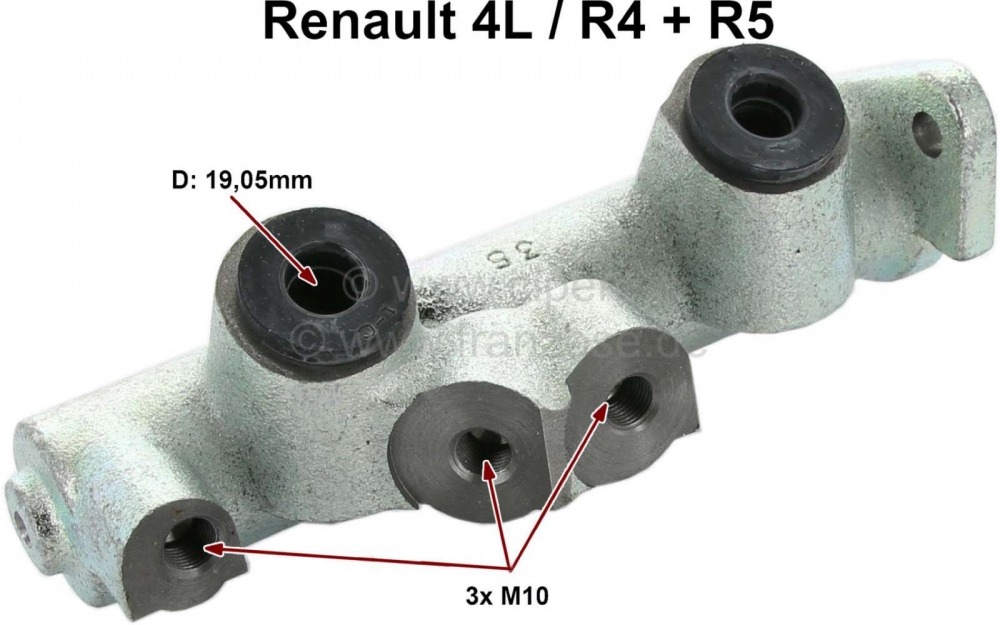 Renault - R4/R5, hoofdremcilinder, remsysteem met twee circuits. Remsysteem: Bendix (schijfrem voor)