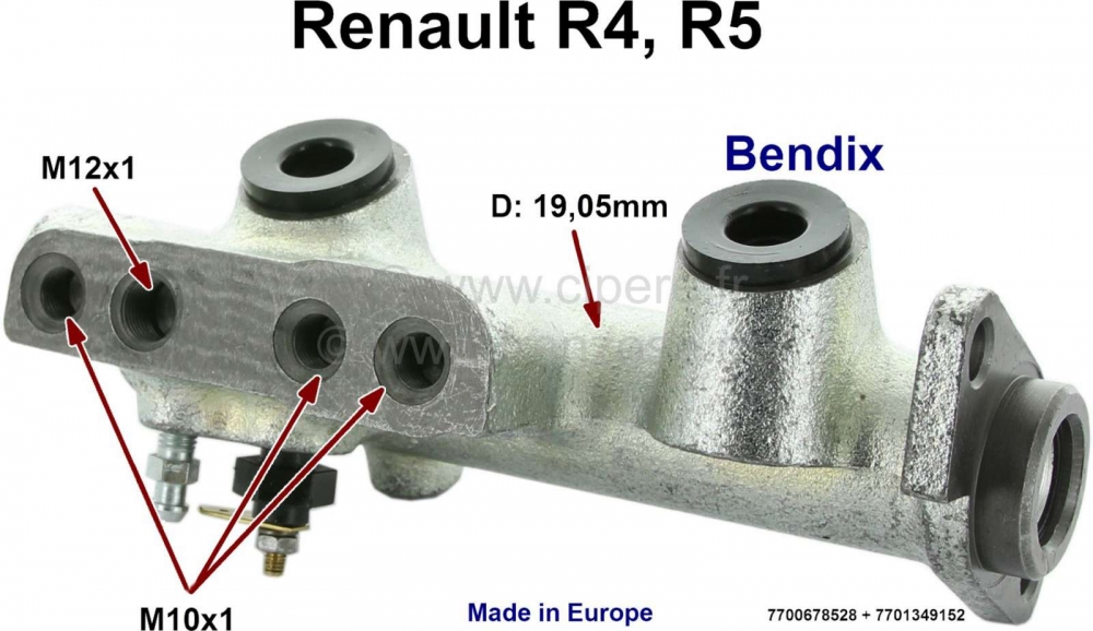 Renault - R4/R5, hoofdremcilinder, remsysteem met twee circuits. Remsysteem: Bendix (schijfrem voor)