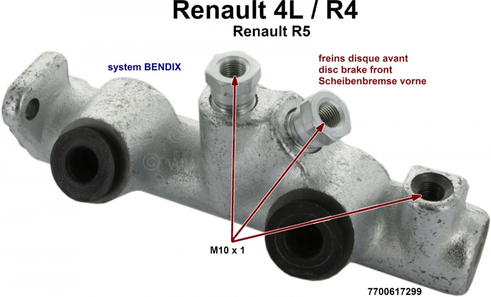 Renault - R4/R5, hoofdremcilinder, remsysteem met twee circuits. Remsysteem: Bendix (schijfrem voor)