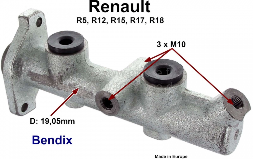 Renault - R5/R12/R15/R17/R18, hoofdremcilinder. Remsysteem: Bendix. Zuiger diameter: 19.05mm. Geschi