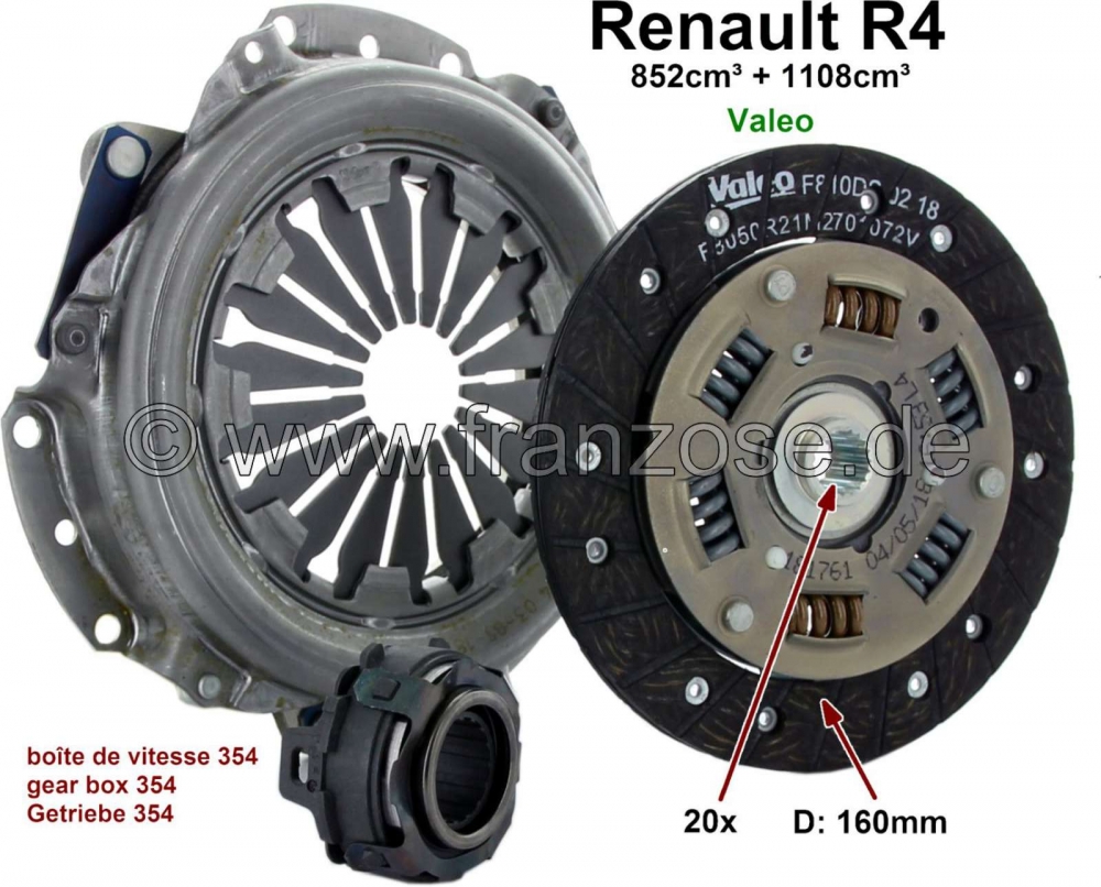 Alle - Koppeling compleet. Geschikt voor Renault R4 (852cc + 1108cc), tot bouwjaar 1975 (R2106, R