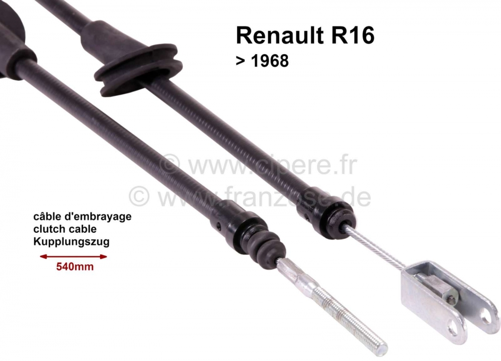 Renault - Koppelingskabel Renault 16. geïnstalleerd tot 1968. Tule: 360mm. Totale lengte: 540mm.