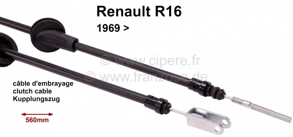 Renault - Koppelingskabel Renault 16, gemonteerd vanaf bouwjaar 1969, doorvoer: 380mm. Totale lengte