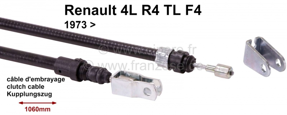 Alle - Koppelingskabel Renault 4 L, TL, F4. Vanaf modeljaar 1973. 975mm doorvoer. Totale lengte: 