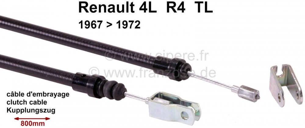Alle - Koppelingskabel Renault 4 L-TL. Van modeljaar 1967 tot 1972. 705mm doorvoer. Totale lengte