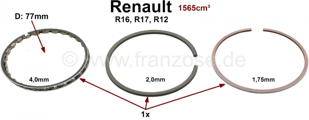 Renault - R16/R12/R16, zuigerveren, voor 1 zuiger. Geschikt voor Renault R16, R12, R17. Boring: 77mm