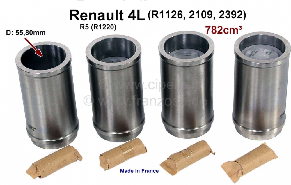 Renault - R4/R5, zuiger + cilinder (4 stuks). Geschikt voor Renault R4 (R1126, 2109, 2392). R5 (R122