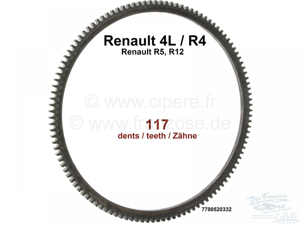 Alle - R4/R5/R12, tandwiel vliegwiel. 117 tanden. Geschikt voor Renault R4, R5, R12. Binnendiamet