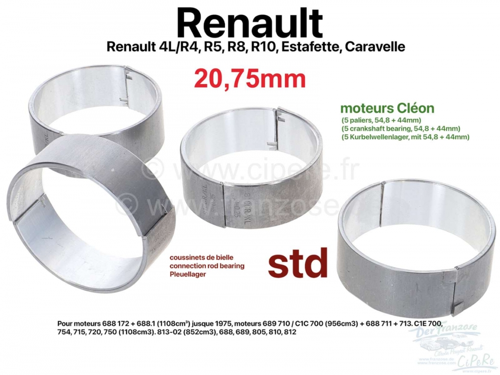 Renault - R4/R5/R8/R10/Estafette/Caravelle, drijfstanglagerset. Breedte: 20,75 mm. Standaard maat. G