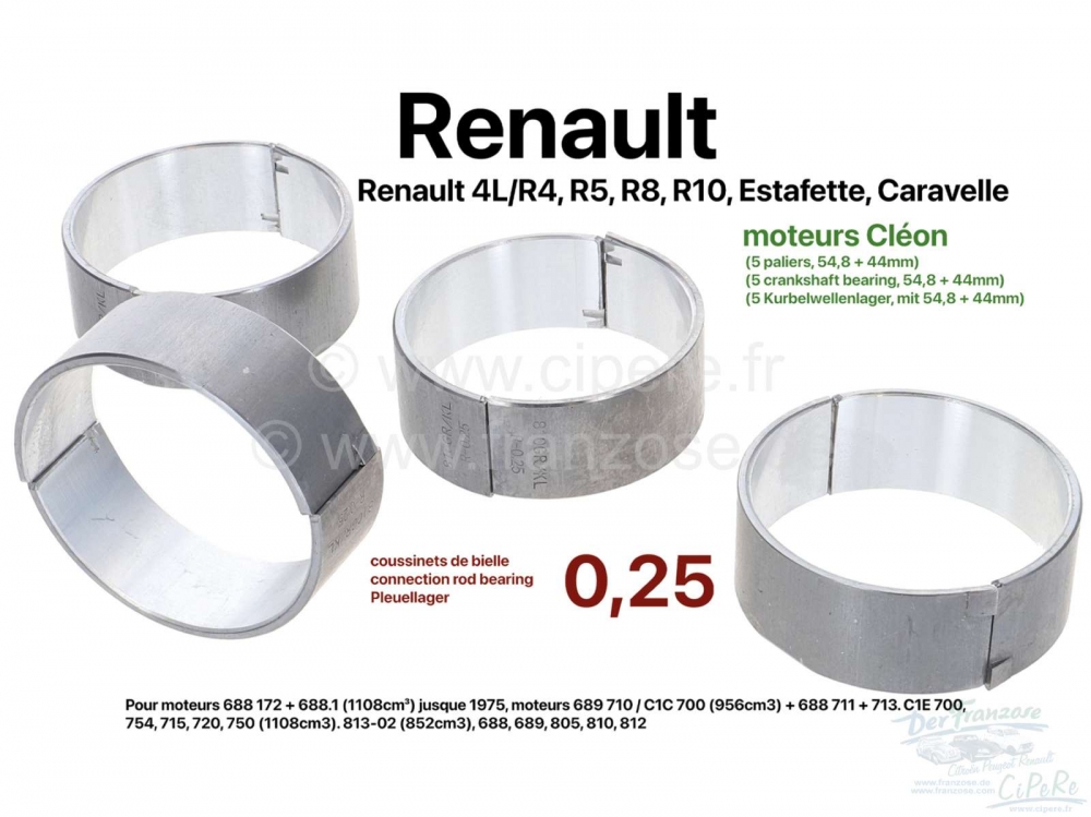 Renault - R4/R5/R8/R10/Estafette/Caravelle/R16, drijfstanglagerset. Breedte: 17,70mm. 0,25 overmaat.