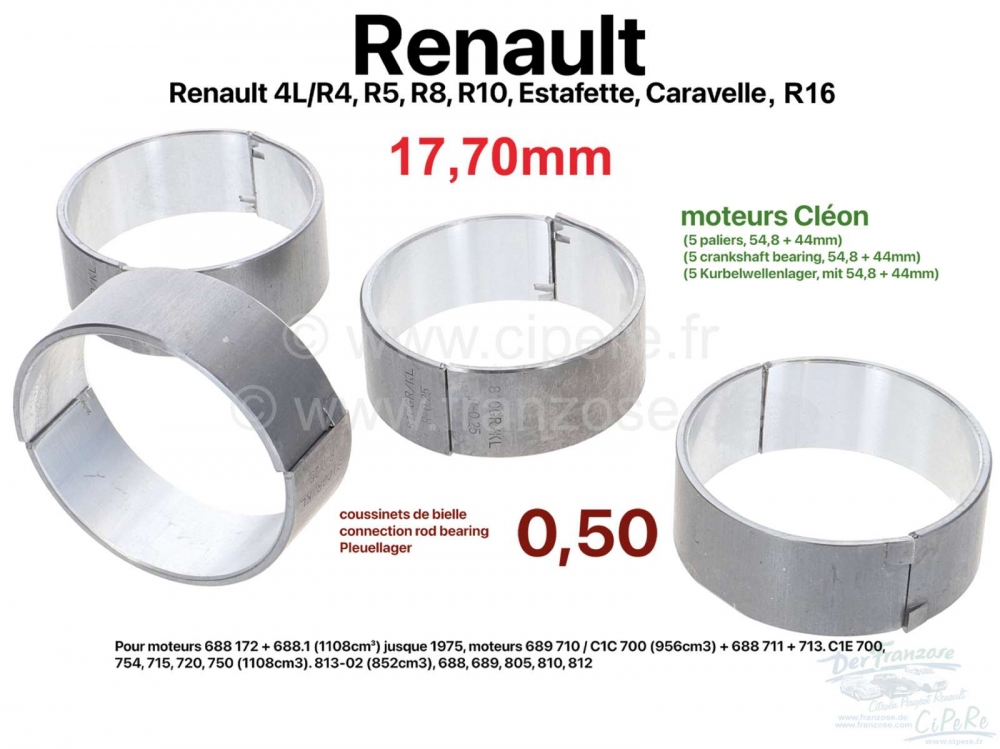 Renault - R4/R5/R8/R10/Estafette/Caravelle/R16, drijfstanglagerset. Breedte: 17,70mm. 0,50 overmaat.