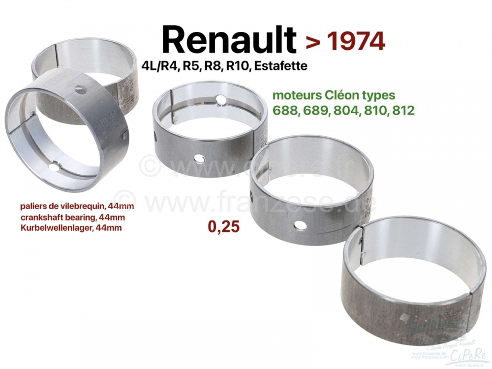 Renault - R4/R5/R8/R10/Estafette, krukaslager (5 lagers, C = Cleon). Voor krukassen met 44mm diamete