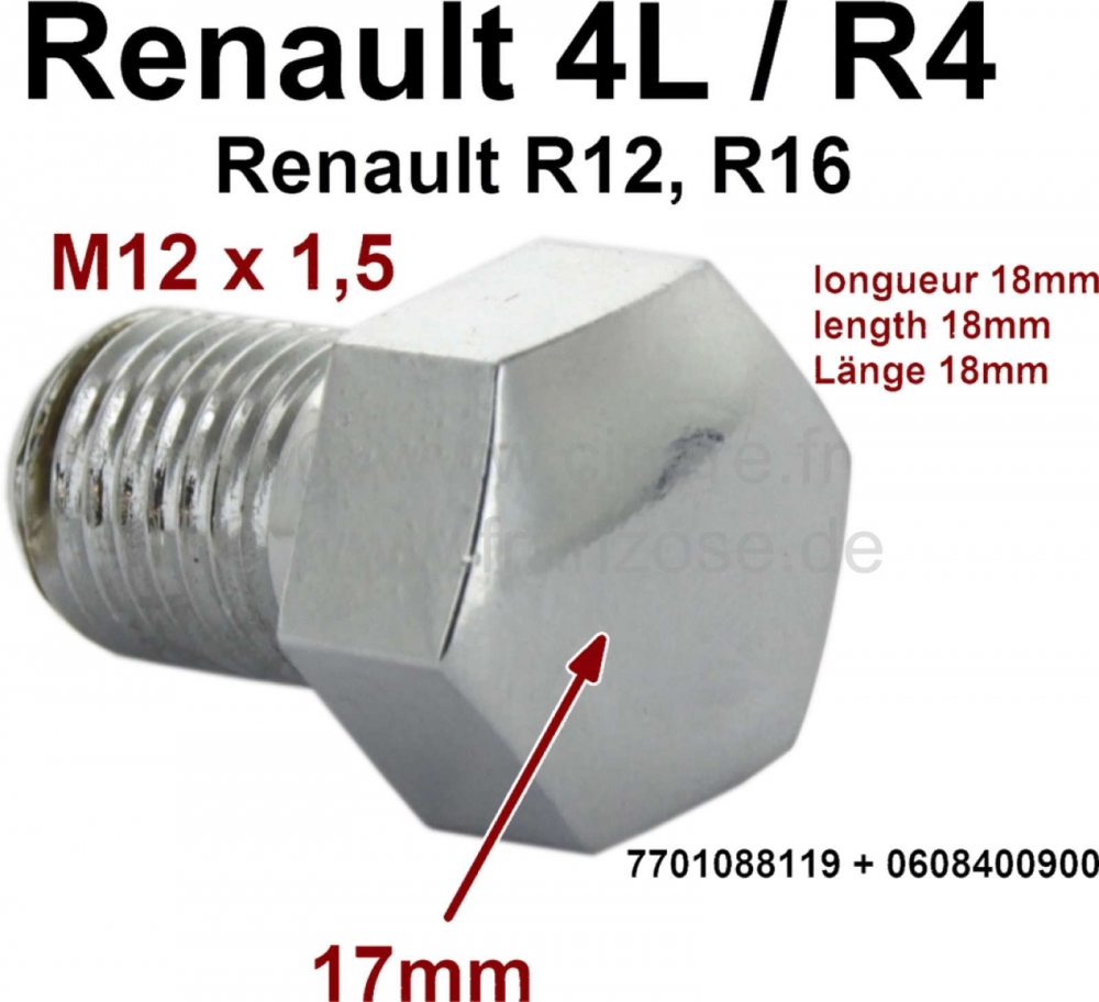 Renault - Naafdopschroef. Geschikt voor Renault R4 (1120, 1123, 1125, 1126, 2106, 2108). Renault R12