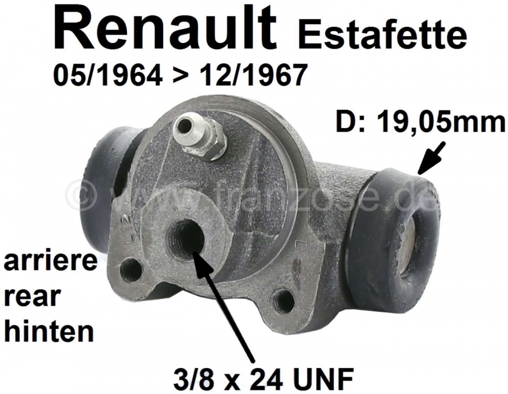Renault - Estafette, remcilinder achterwiel (past links + rechts). Zuiger diameter: 19.05mm. Geschik