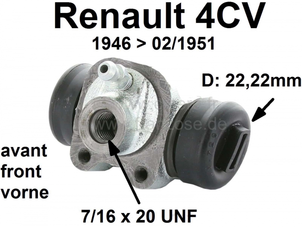 Renault - 4CV, remcilinder voorwiel. Geschikt voor Renault 4CV, van modeljaar 1946 tot 02/1951. Zuig