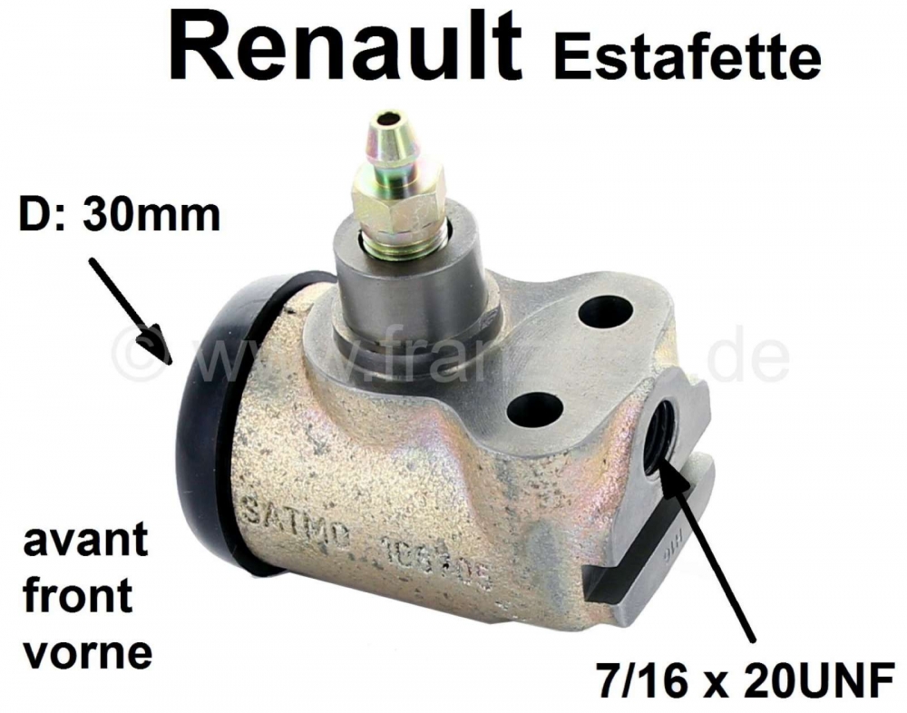 Renault - Estafette, remcilinder voorwiel. 1 zuiger (30mm). Remleiding aansluiting: 7/16 x 20 UNF. G