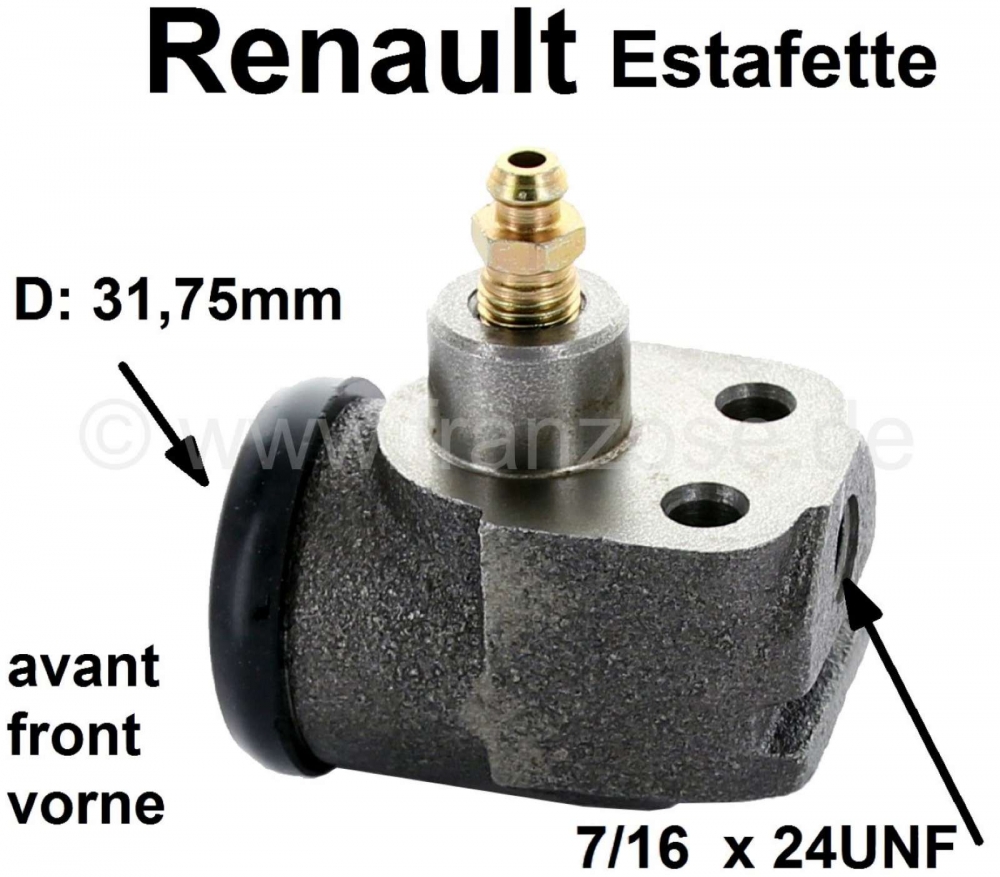Renault - Estafette, remcilinder voorwiel, 1 zuiger (31,75mm / 1 1/4 inch). Aansluiting remleiding: 