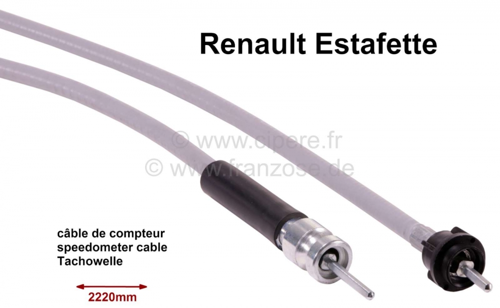 Renault - Snelheidsmeterkabel, 2220mm lang. Geschikt voor Renault Estafette. Vierkant 3x3mm aan beid