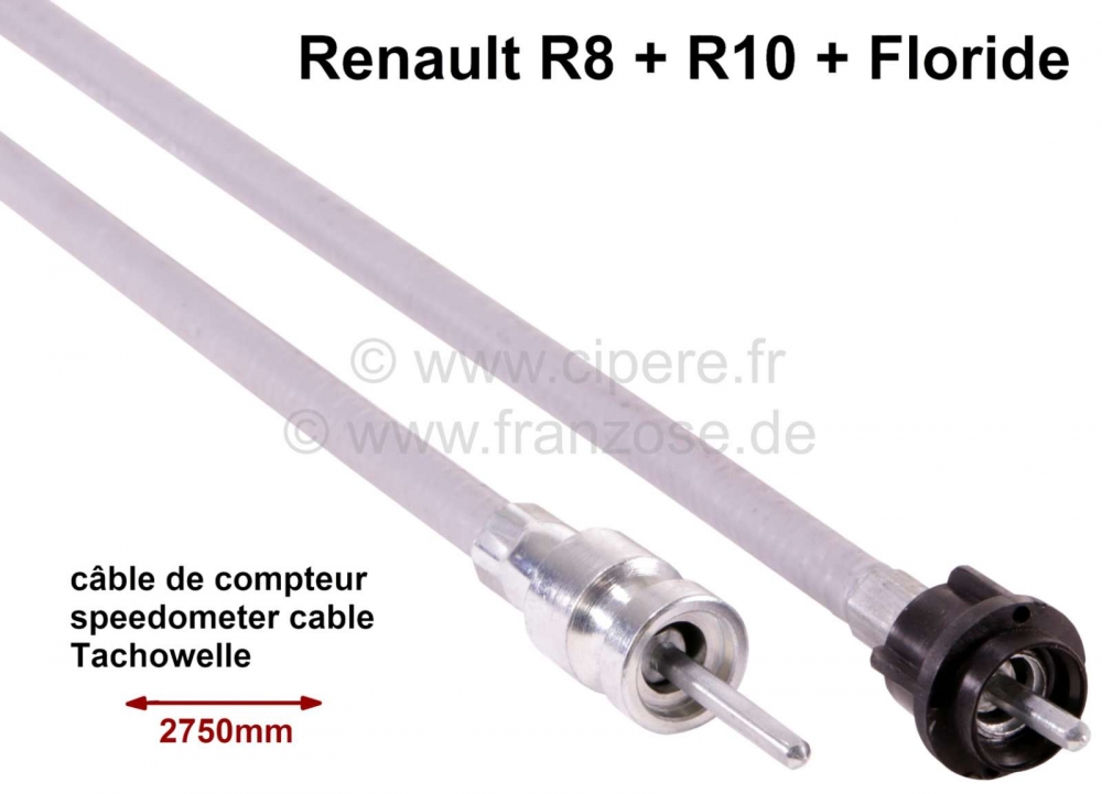 Renault - Snelheidsmeterkabel, 2750mm lang. Geschikt voor Renault R8 + R10, Floride. Vierkant 3x3mm 