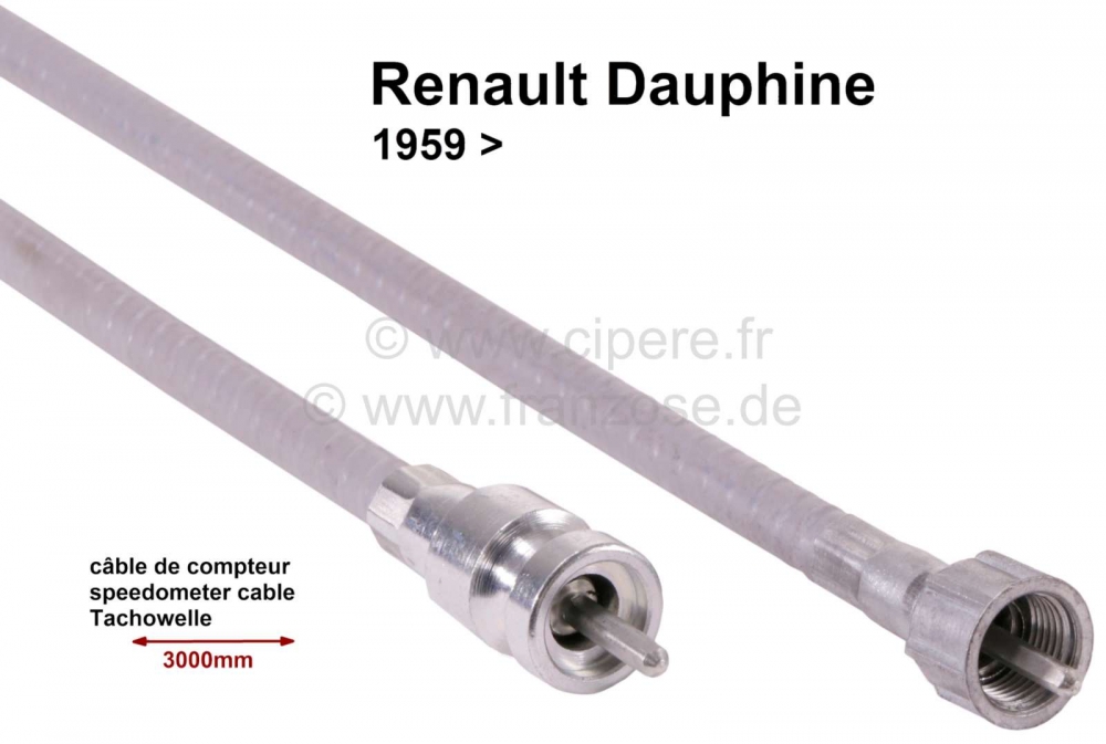 Renault - Snelheidsmeterkabel, 3000mm lang. Geschikt voor Renault Dauphine, vanaf modeljaar 1959.
