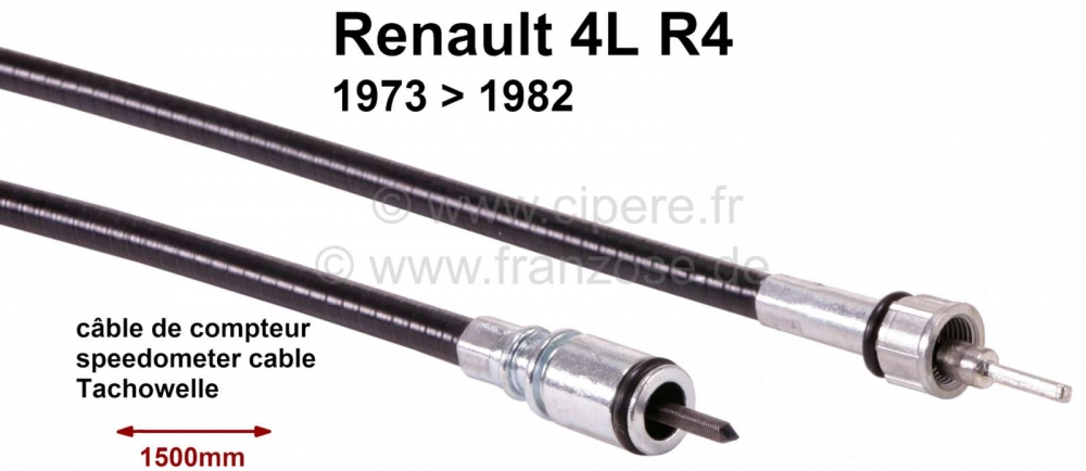 Renault - Snelheidsmeterkabel. Lengte 1500mm. Geschikt voor Renault R4, van 1973 tot 1982.